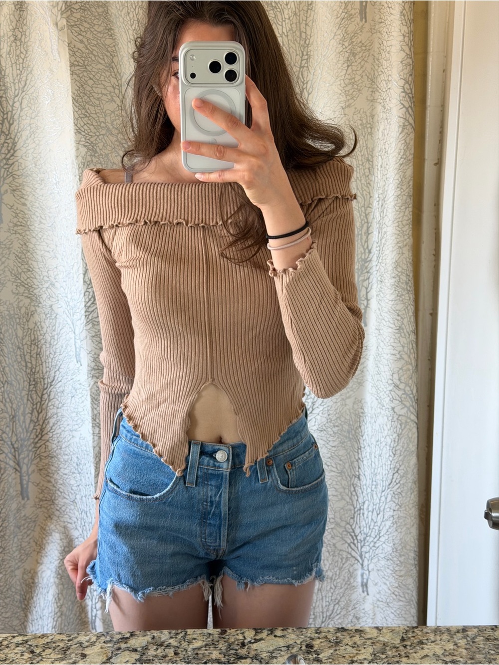 Love Tree Ribbed Off-Shoulder Crop Top in Tan